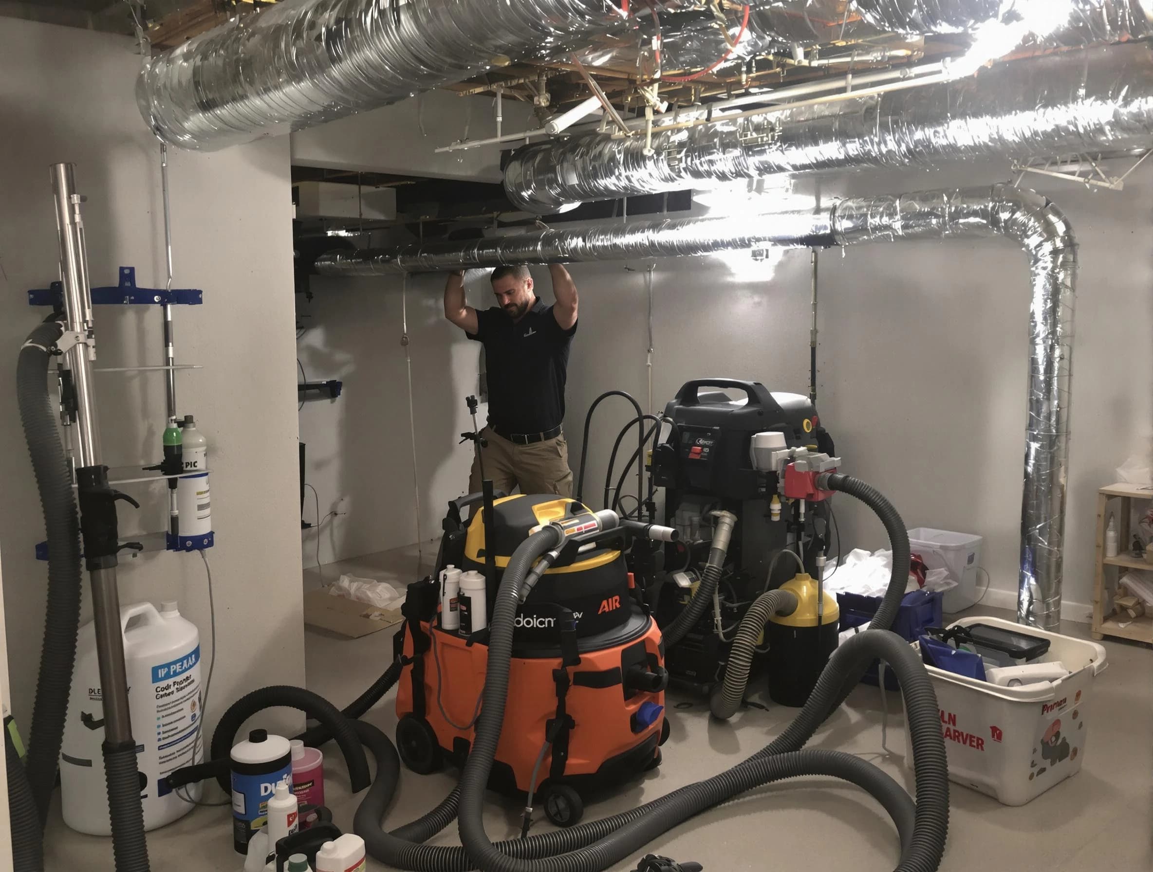 Oak Hill Air Duct Cleaning specialist performing professional mold removal from air ducts using safety equipment in Oak Hill